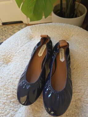 Lanvin Navy Patent Elastic-Trim Ballet Flat